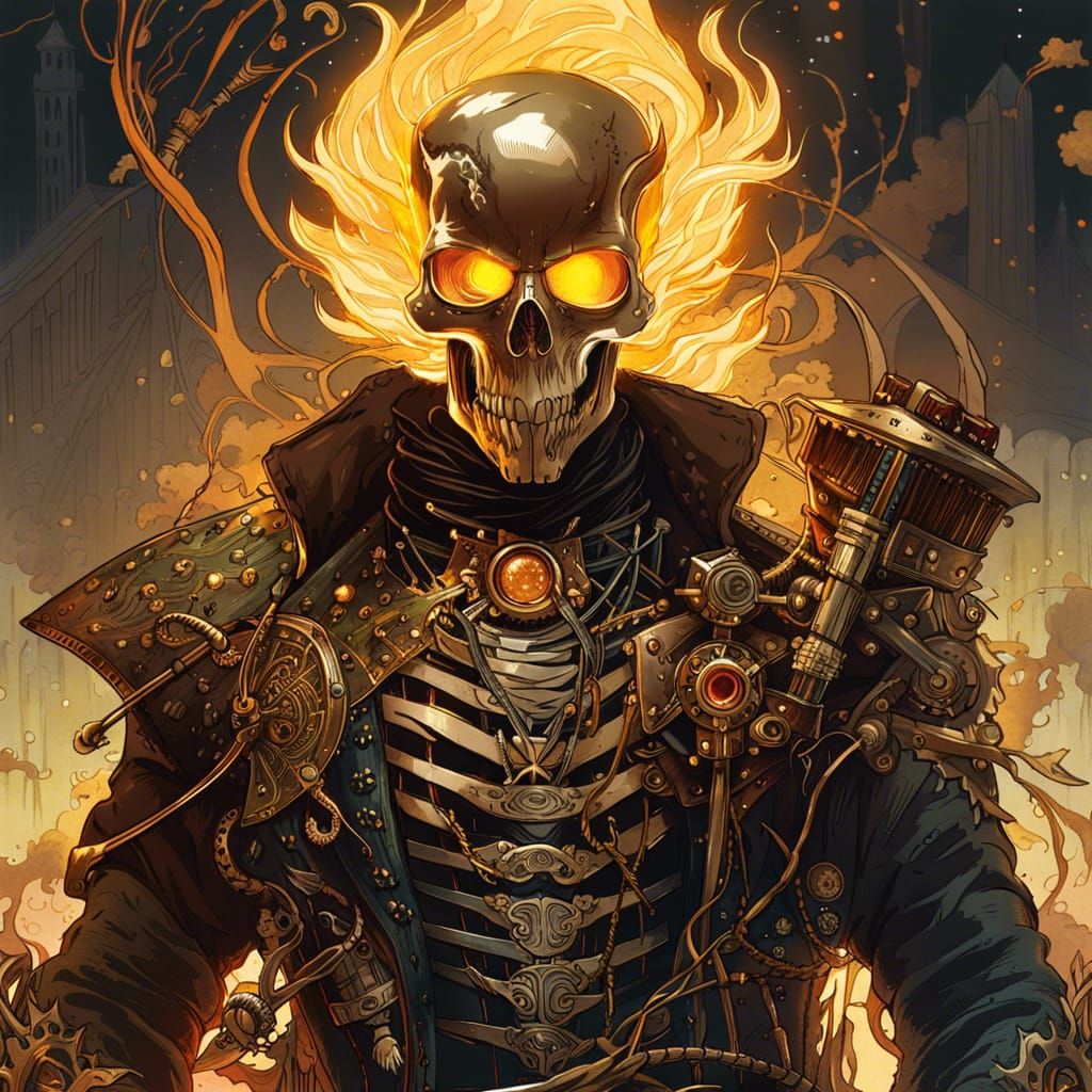 Steampunk Ghost Rider with Golden Outlines