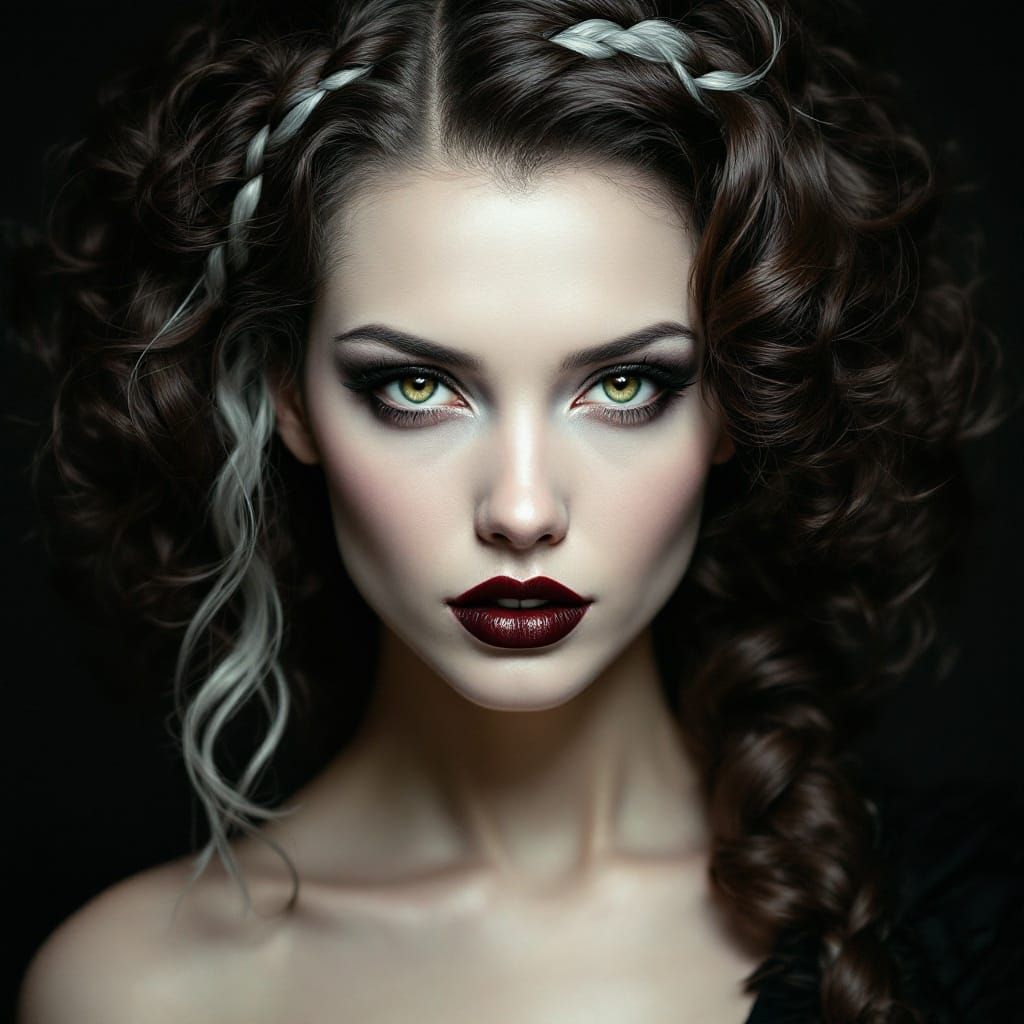 Surreal Gothic Portrait of a Woman with Piercing Green Eyes...