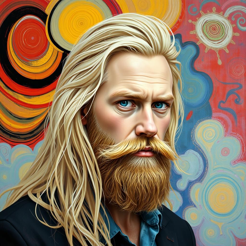 Psychedelic Portrait of Blonde Man in Surreal Style