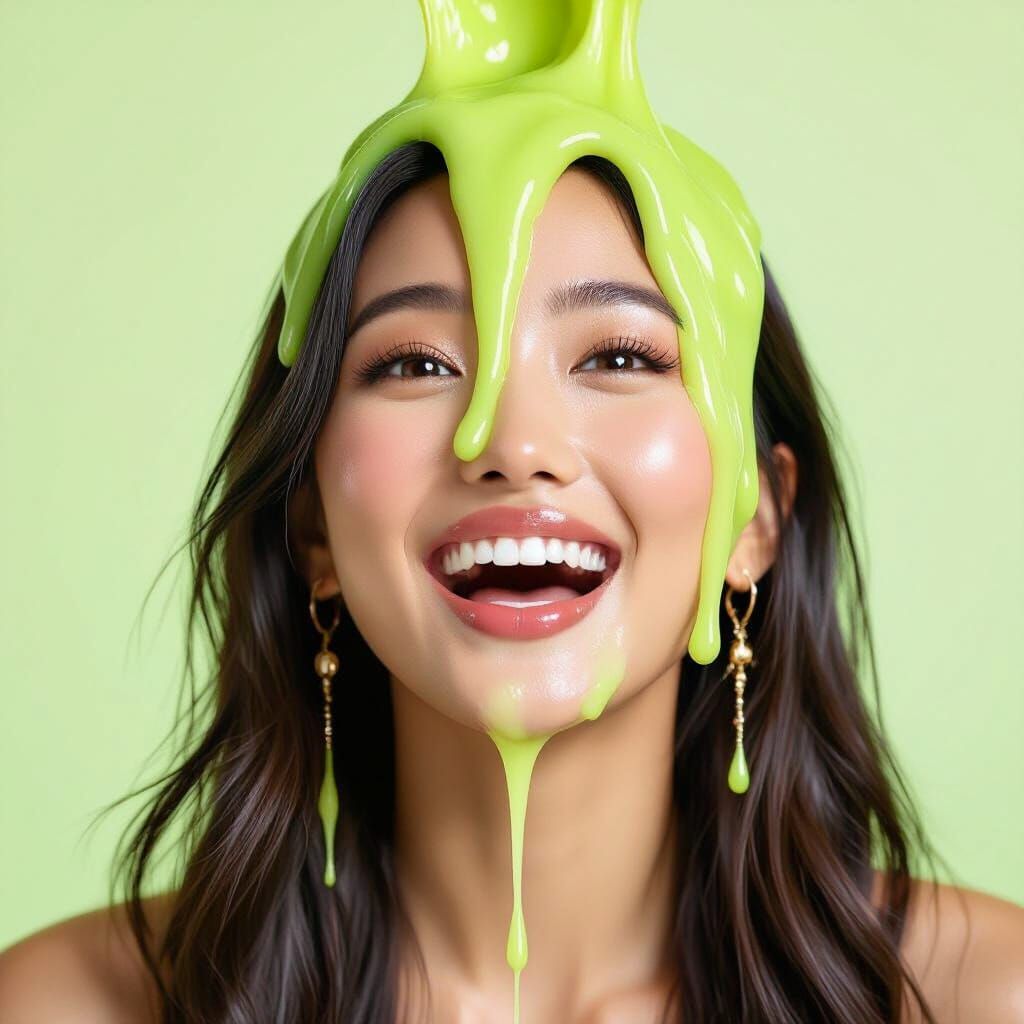 Joyful Woman Bathed in Lime Green Slime