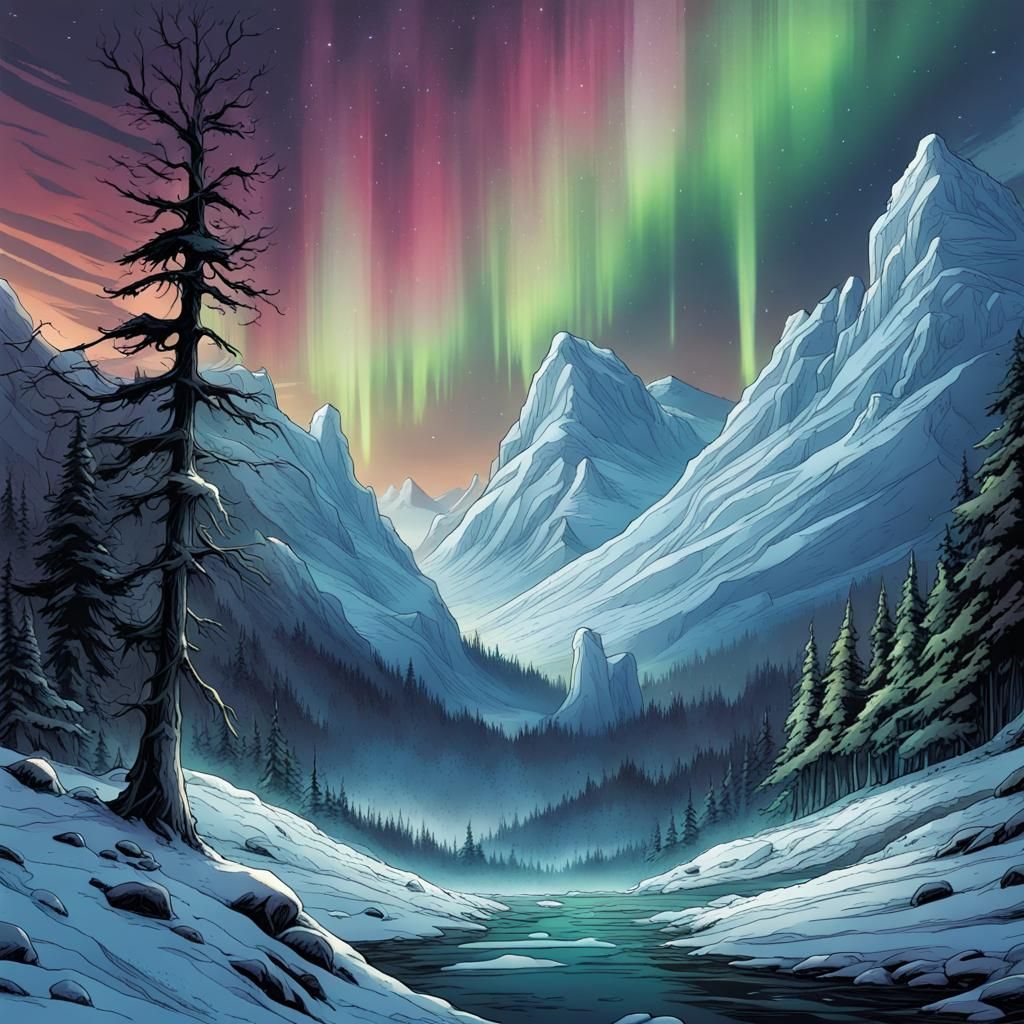 Northern Lights Over Snowy Mountain in Comic Art
