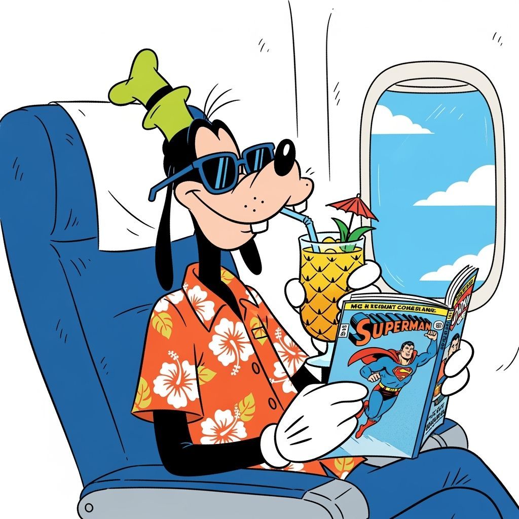 Goofy on Airplane: Stylized Cartoon Illustration