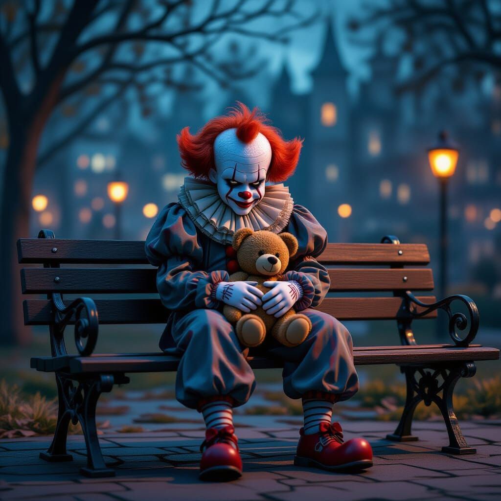 a lost lonely clown alone with a teddybear