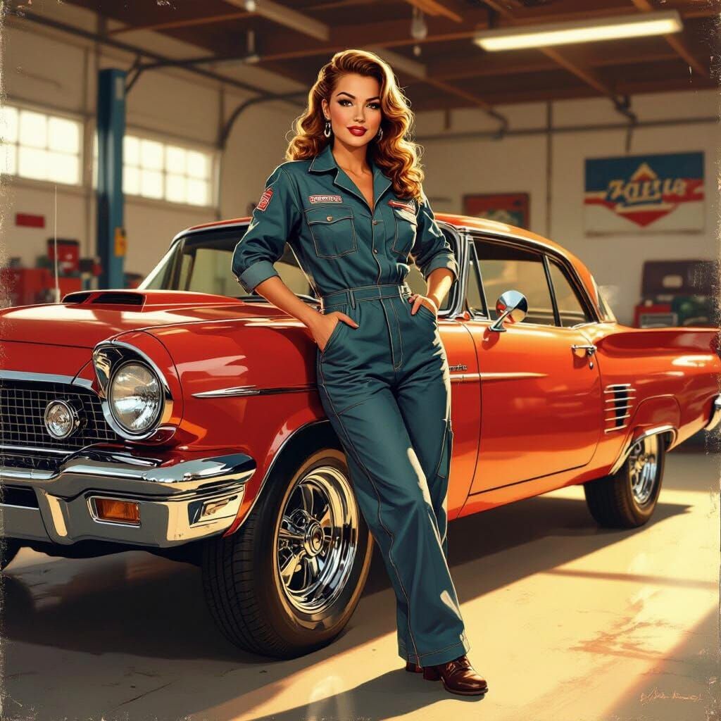 1950s Pin-Up Mechanic Poses With Muscle Car