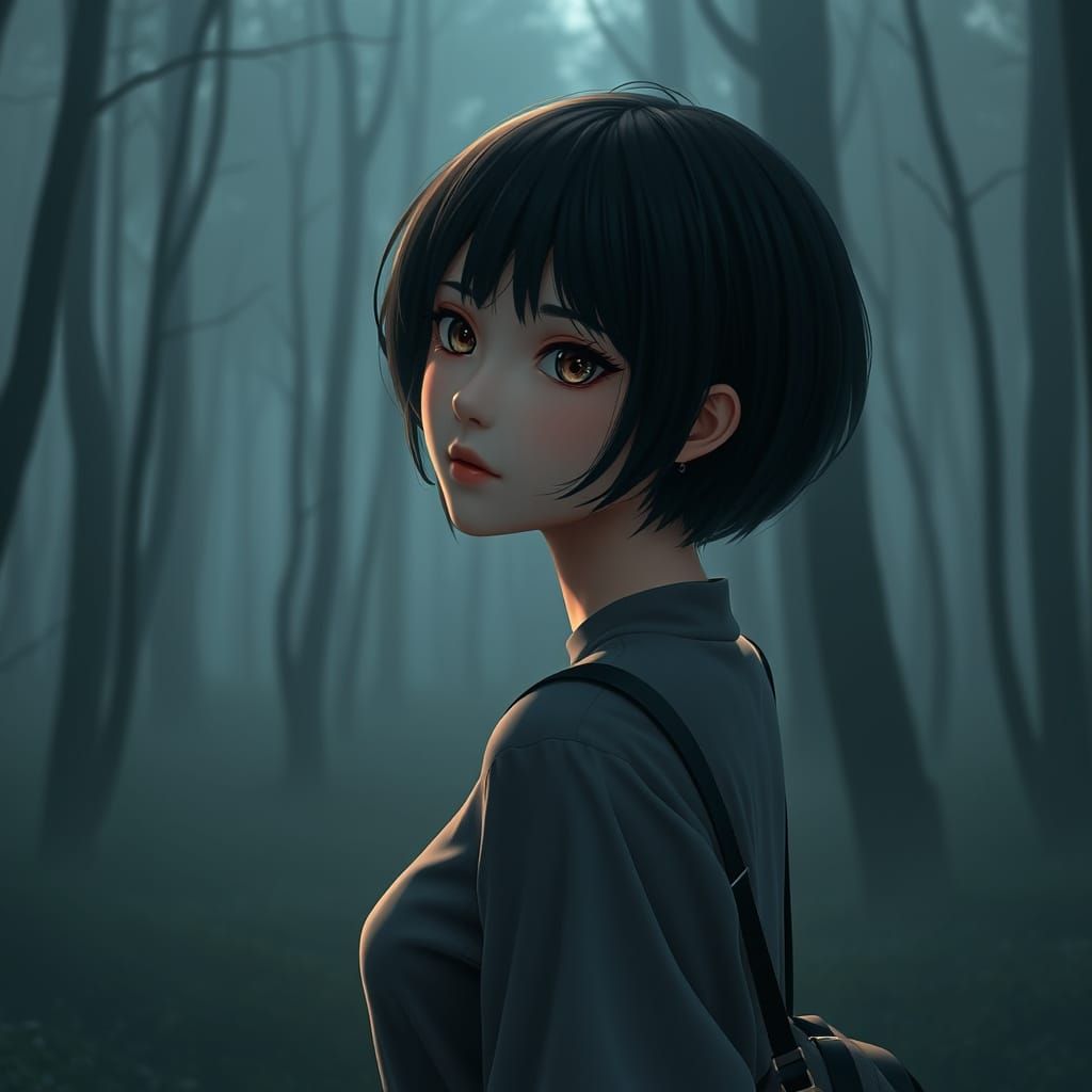 Anime Style Woman in Foggy Forest