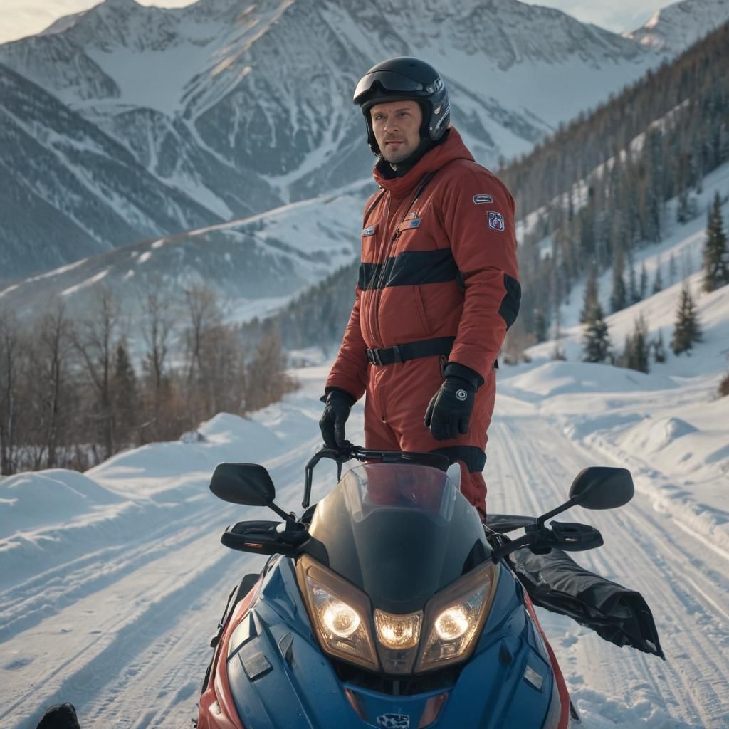 Slavic Man on Snowmobile in Cinematic Winter Landscape