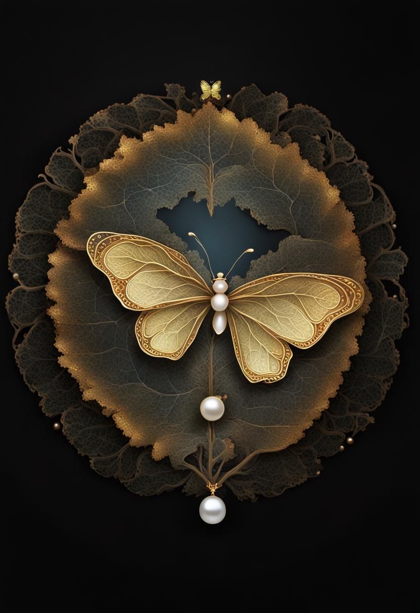 Golden Butterfly on Pearl with Oak Leaf