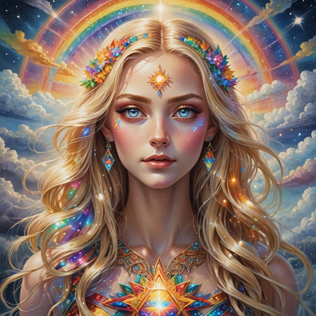 Radiant Woman with Rainbow Eyes in Crystalline Light