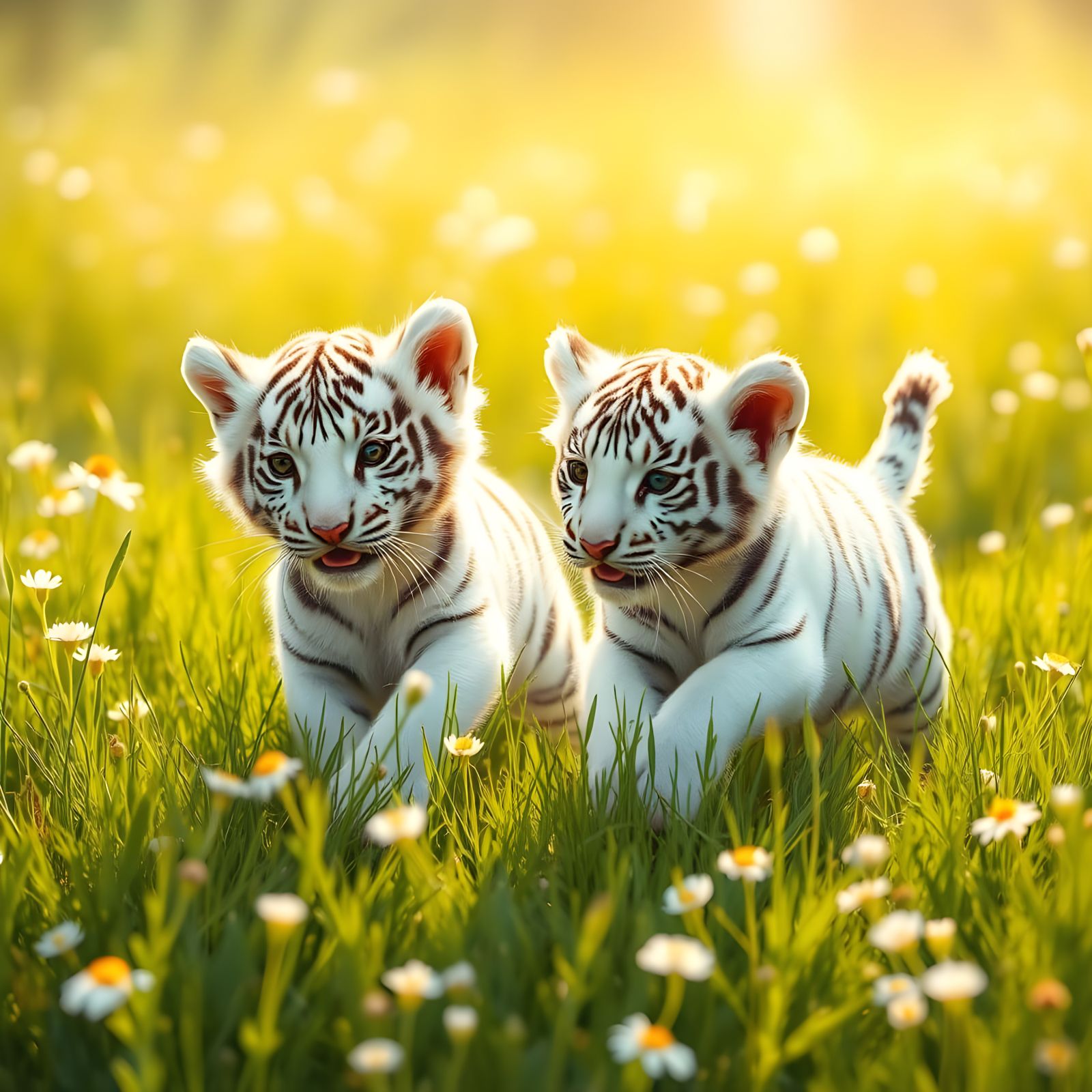 Vibrant White Tiger Cubs Play in a Sunlit Meadow