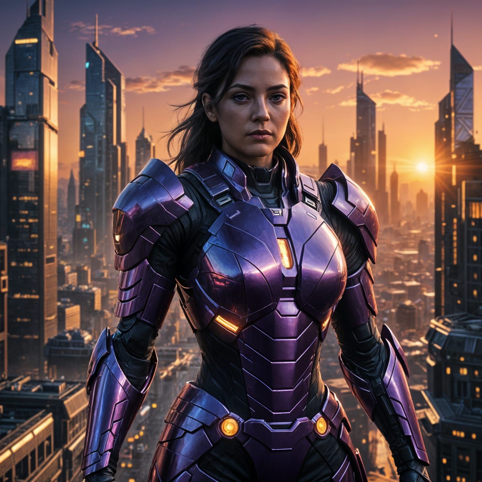 Heroic Purple Superheroine in Futuristic Cityscape at Sunset