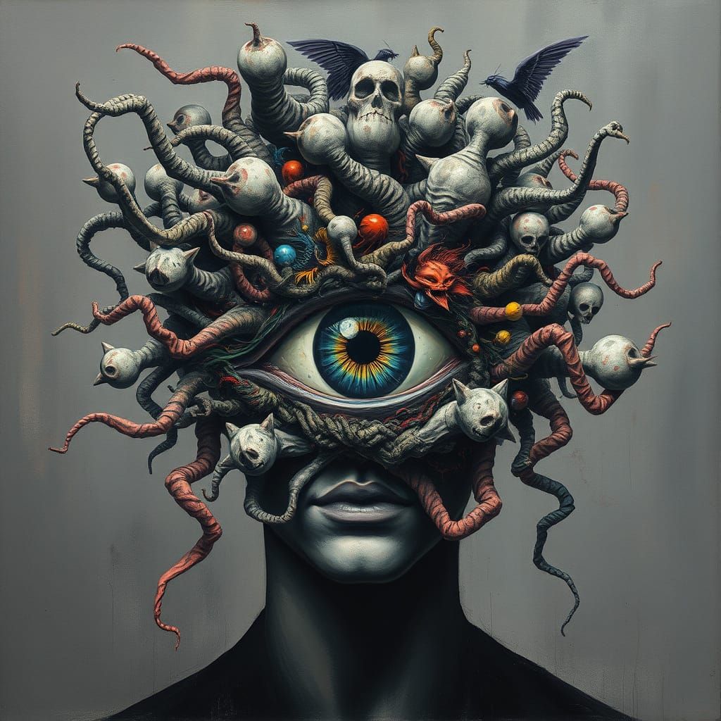 Surrealist Woman with All-Seeing Eye in Neon Earth Tones