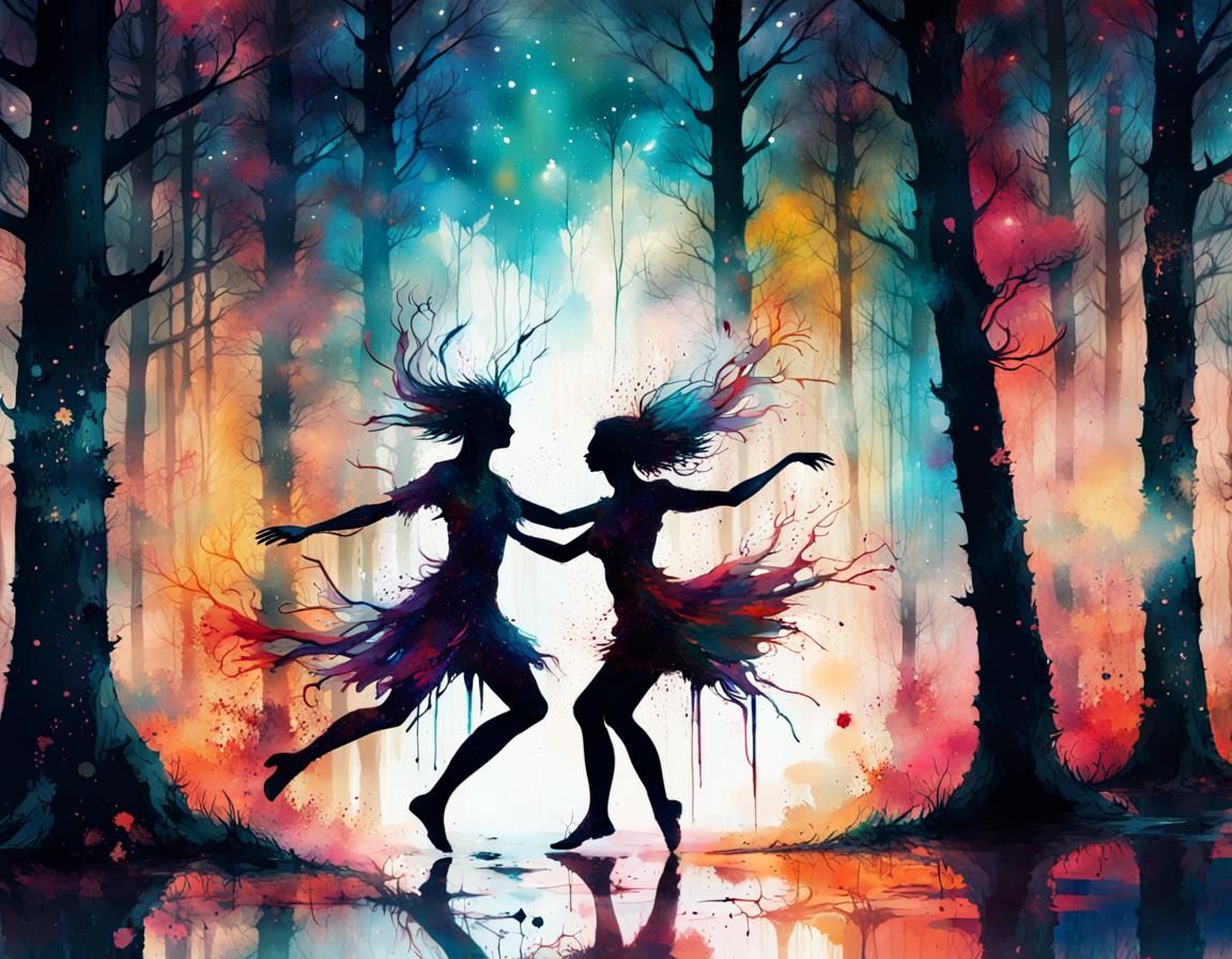 Fairies Dancing in Forest at Night, Ink Splatter Art