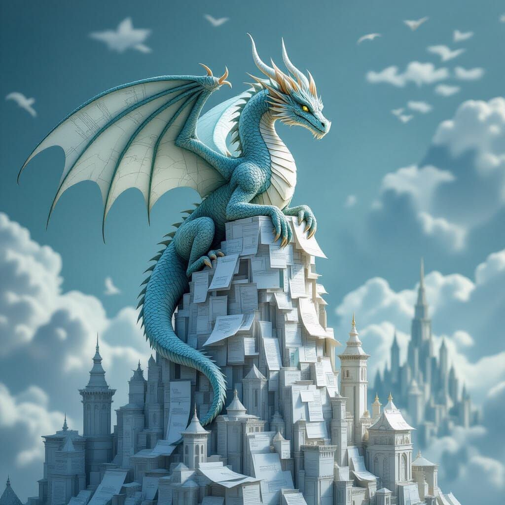 Ancient Parchment Dragon on Paper Blueprint Tower