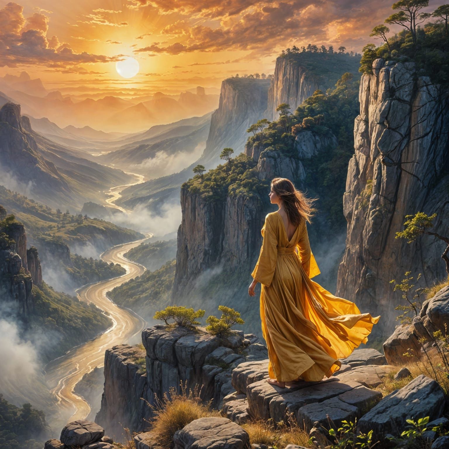 Serene Woman at Dawn in Gouache Style Masterpiece