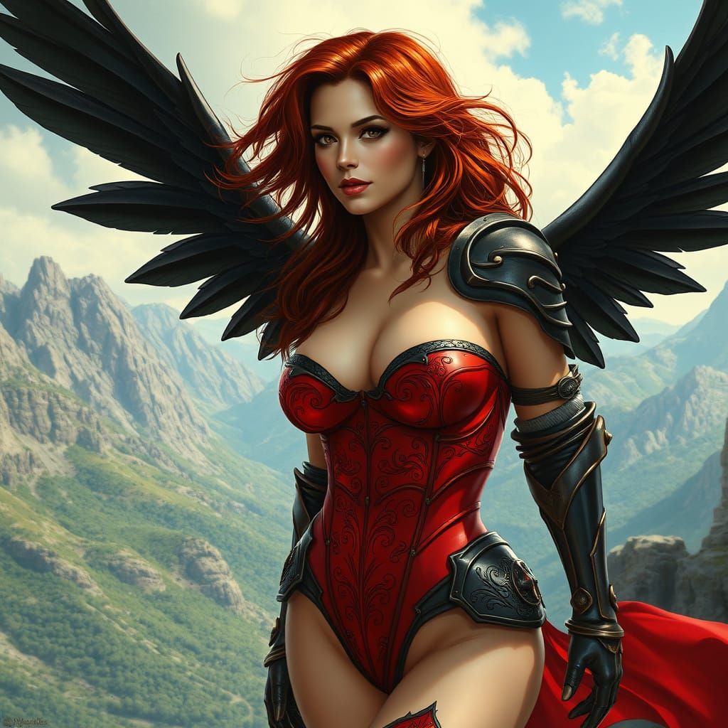 Fantasy Goddess with Wings, Amidst Majestic Mountains
