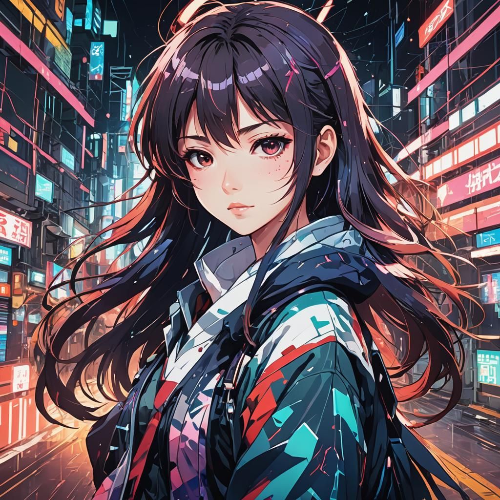 Anime Girl in Glitch Style, Cel-Shaded Art