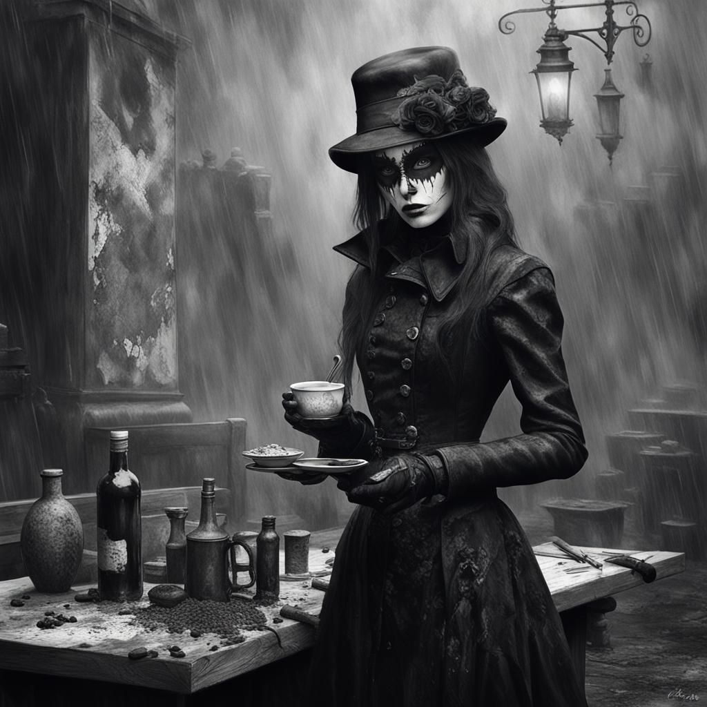 Gothic Model in VR Goggles: Black and White Horror Photograp...