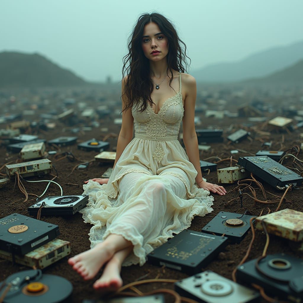 Woman on Tech Trash Heap in Cyberpunk Style