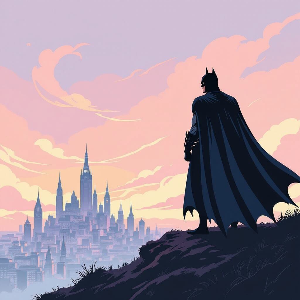Batman Gazes at Dreamlike Cityscape in Pastel Sky