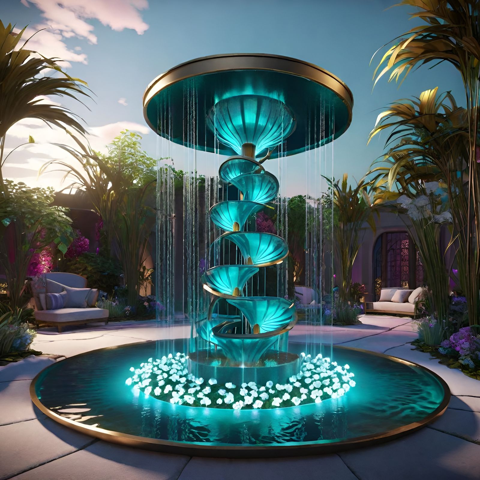 Modern Teal Water Fountain at Night
