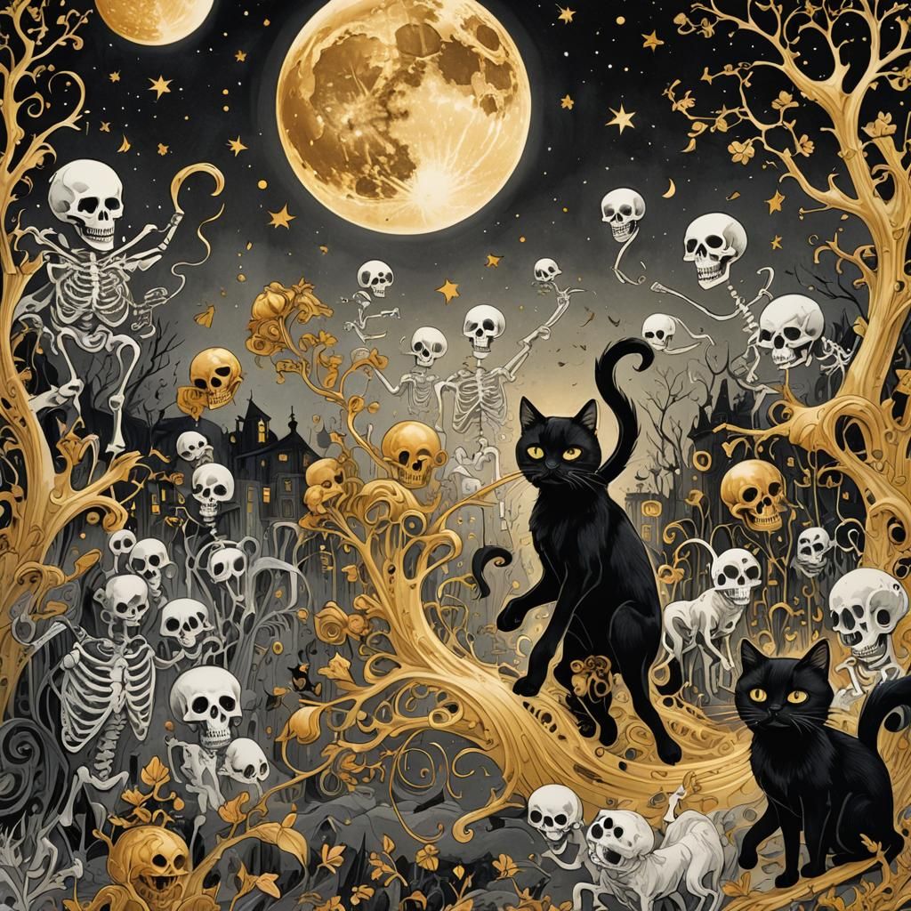 Whimsical Ink Illustration: Dancing Ghosts Under Moonlight