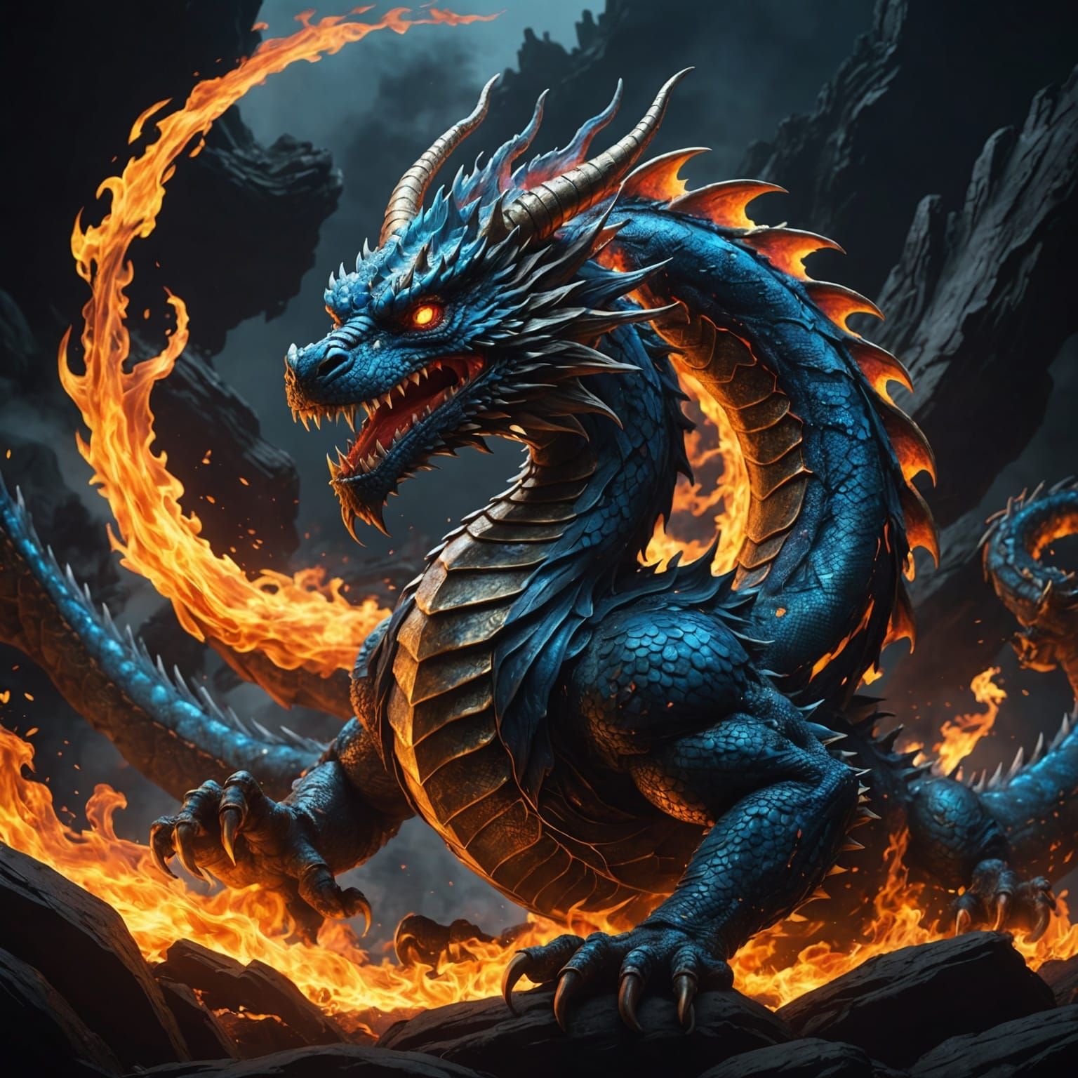 Fiery Japanese Earth Dragon in Ink Art Style