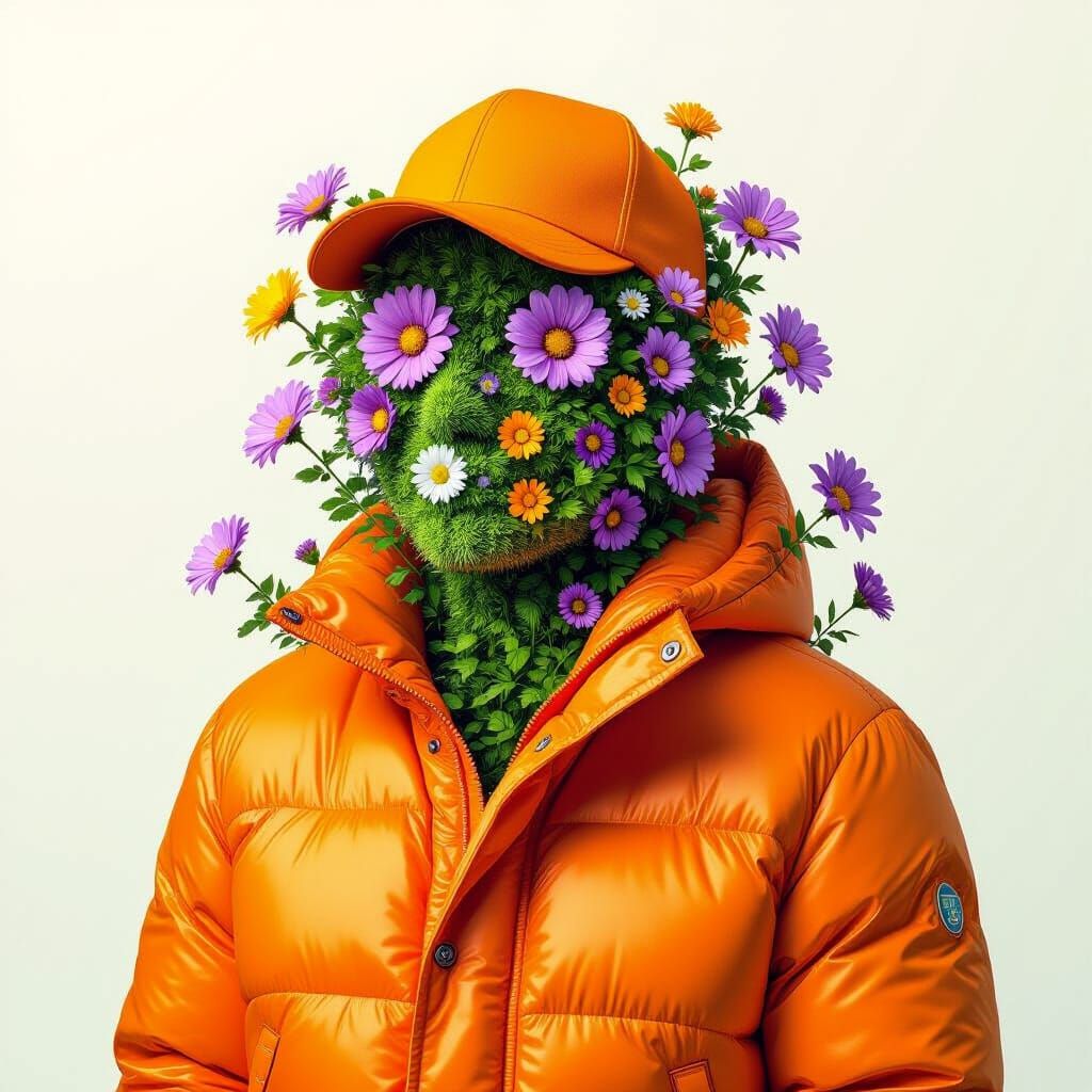 Surreal Greenery Portrait with Orange Accents