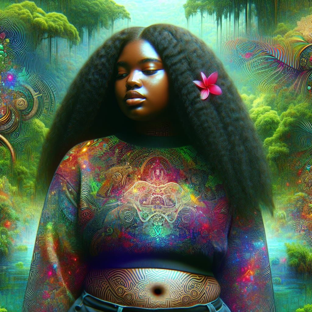 Psychedelic Portrait of Woman in Tropical Forest