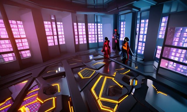Cyberpunk Academic Interior Overlooking Futuristic City