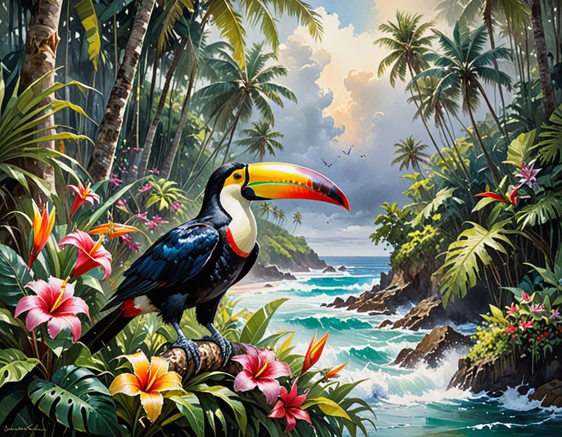 Exotic Toucan Directing Storms: Watercolor and Metallic Ink