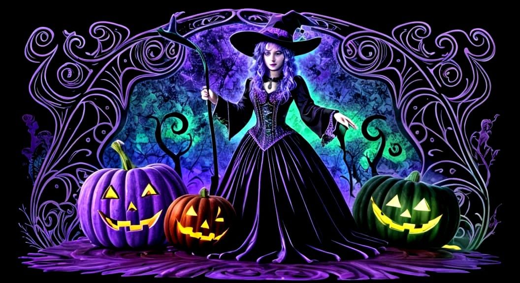 Magical Halloween Witch with Black Cat in Dripping Colors