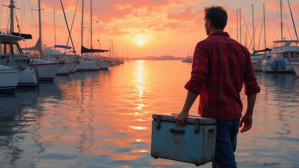 Serenely Lit Marina Scene with Man in Red Flannel Shirt