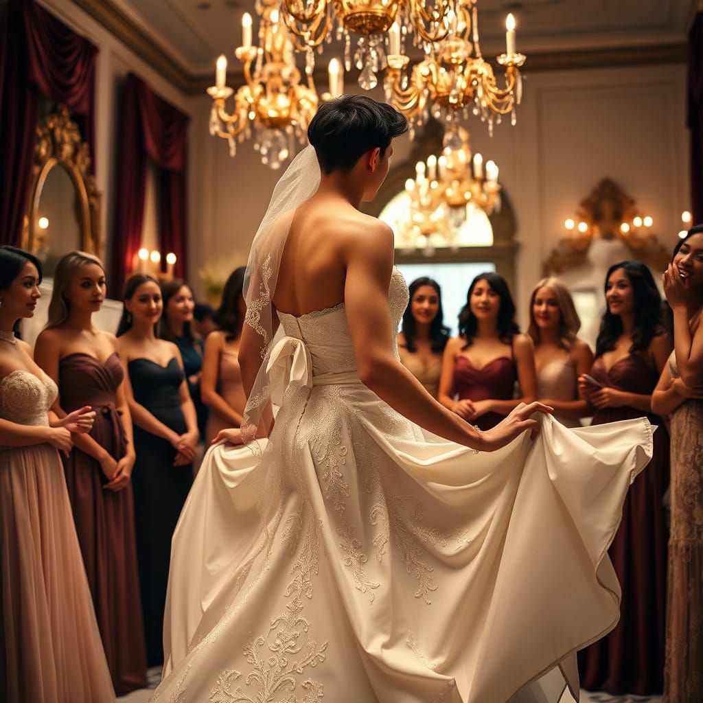 Young Man Proudly Shows Off Exquisite Wedding Gown