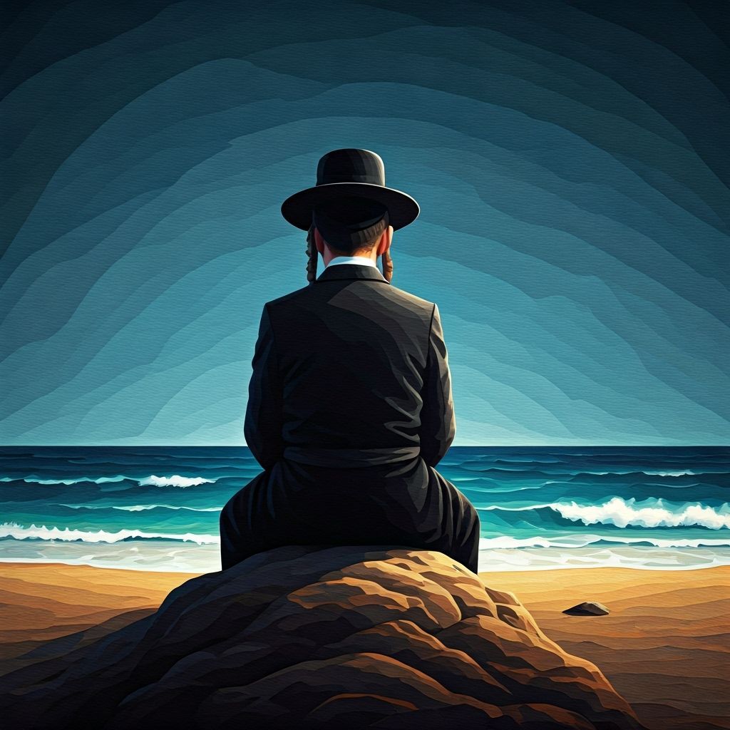 Paper Art Collage of Orthodox Jewish Man on Beach