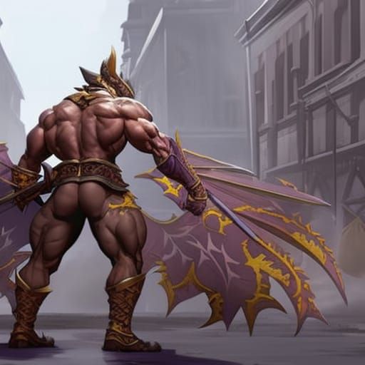 Anthropomorphic Dragon Flexing at Night Market, Detailed Con...