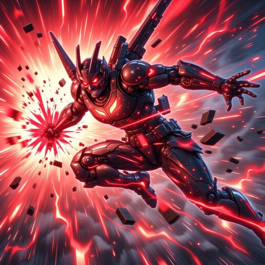 Cybernetic Warrior Unleashes Energy Blast in 90s Anime Style