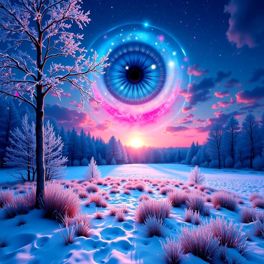 Ethereal Winter Wonderland with Cosmic Hearts and Eyes