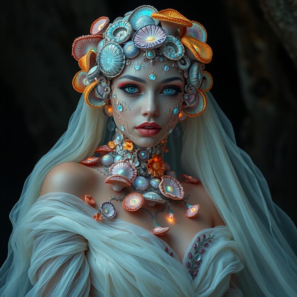 Ethereal Woman with Fungi and Shells in Surreal Style