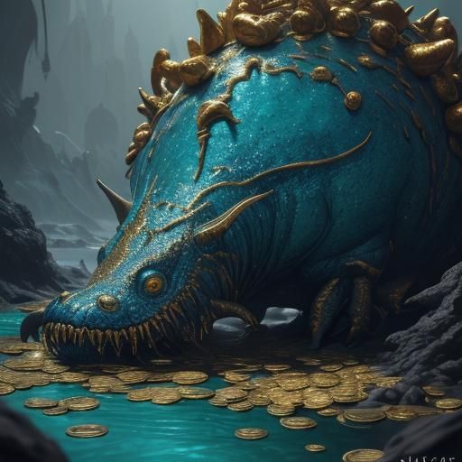 Golden Leech Crawling Through Treasure, Dark Fantasy Art
