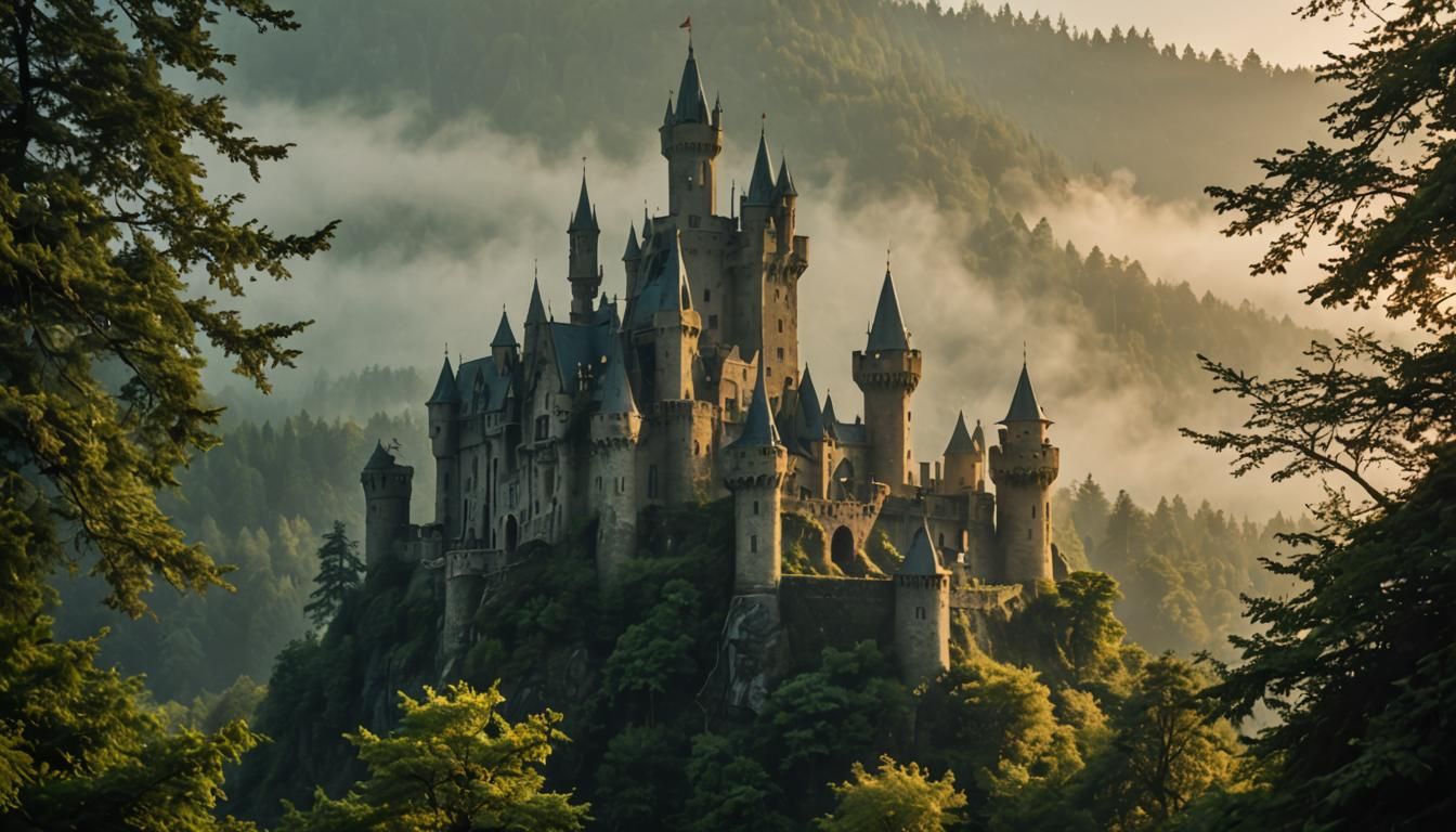 Mysterious Forbidden Castle in Misty Forest