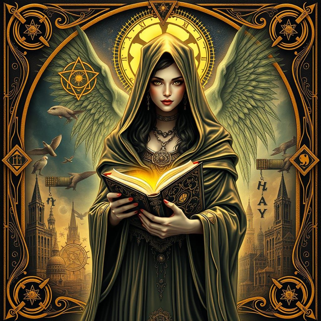 Ethereal Goddess of Secrets in Cyberpunk Art Nouveau