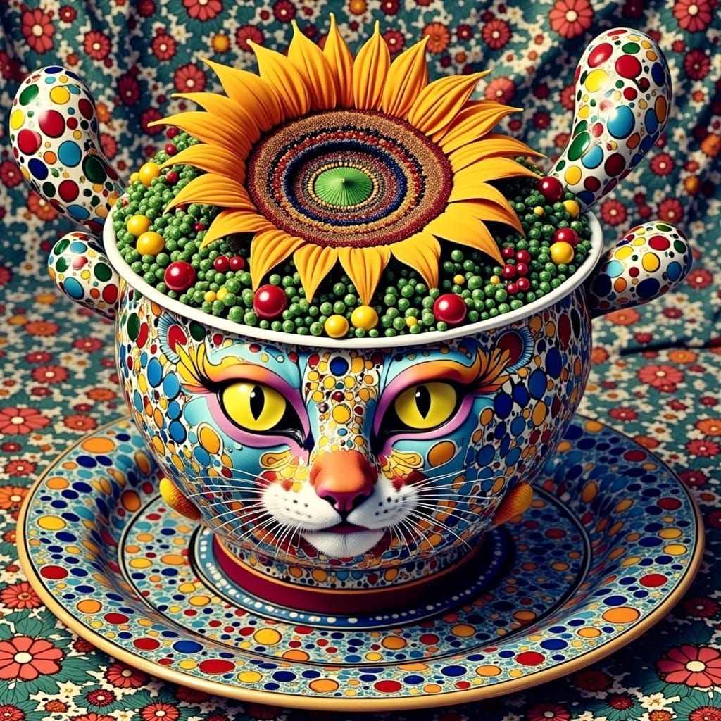 Psychedelic China Cat Sunflower in Ancient Landscape