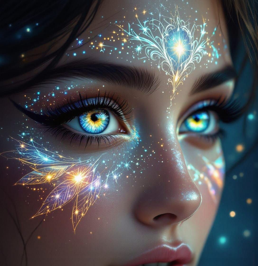 Woman's Eyes Reflecting Galaxy, Glowing Wings, Constellation...