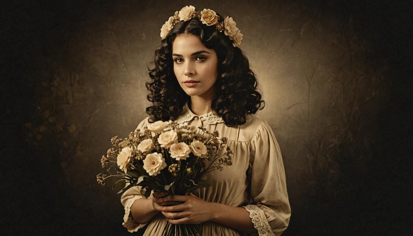 Vintage Sepia Portrait of Girl with Flowers