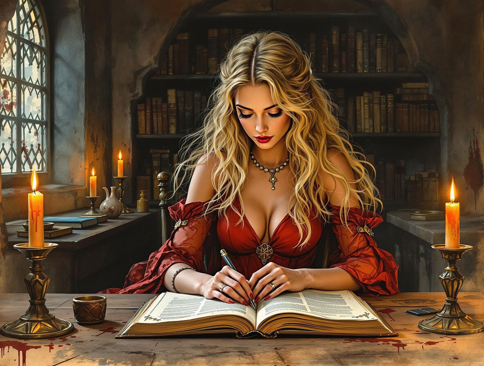 Norse Goddess Reading in Candlelight, Mystical Art