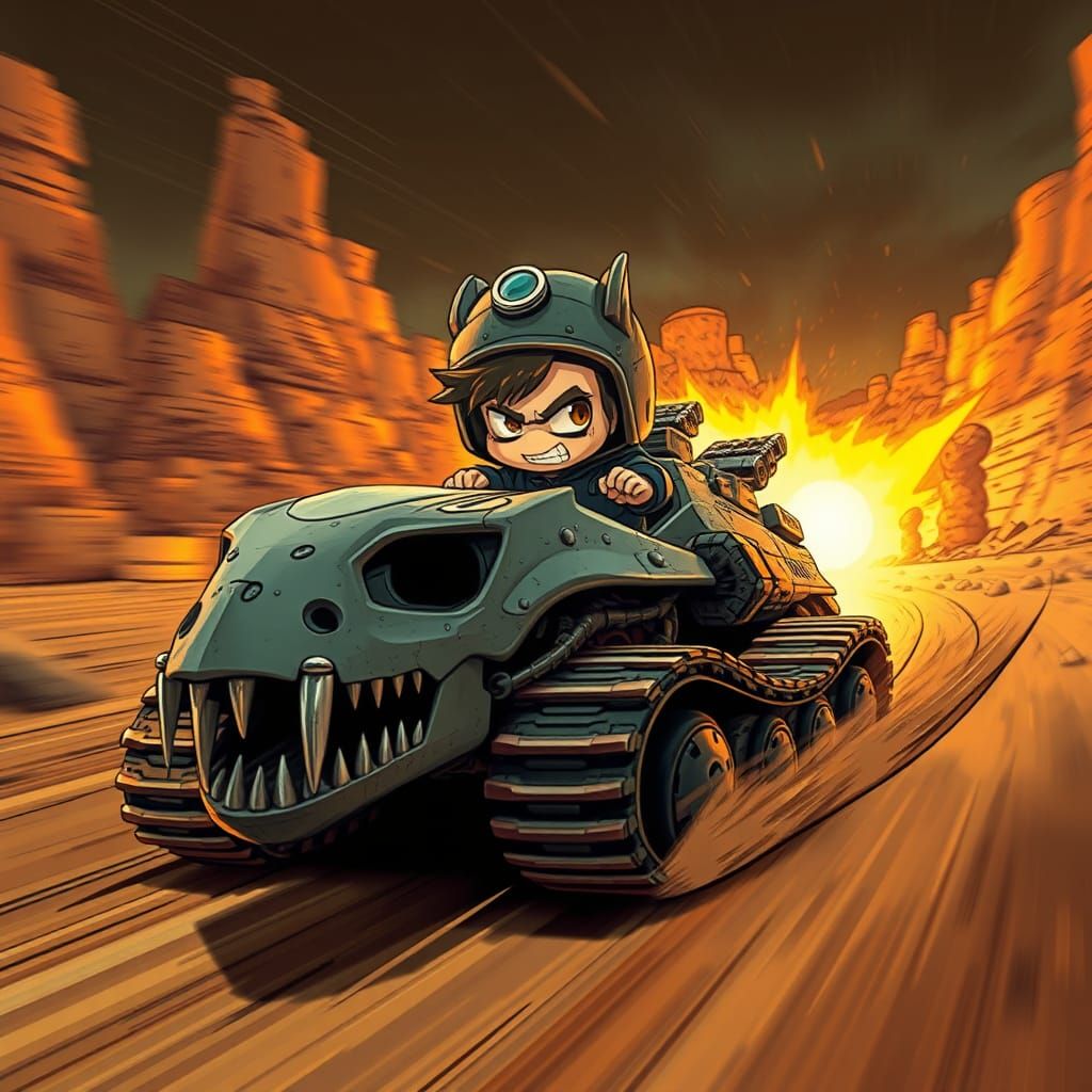 Chibi Road Warrior Races Dragon Tank in Wasteland