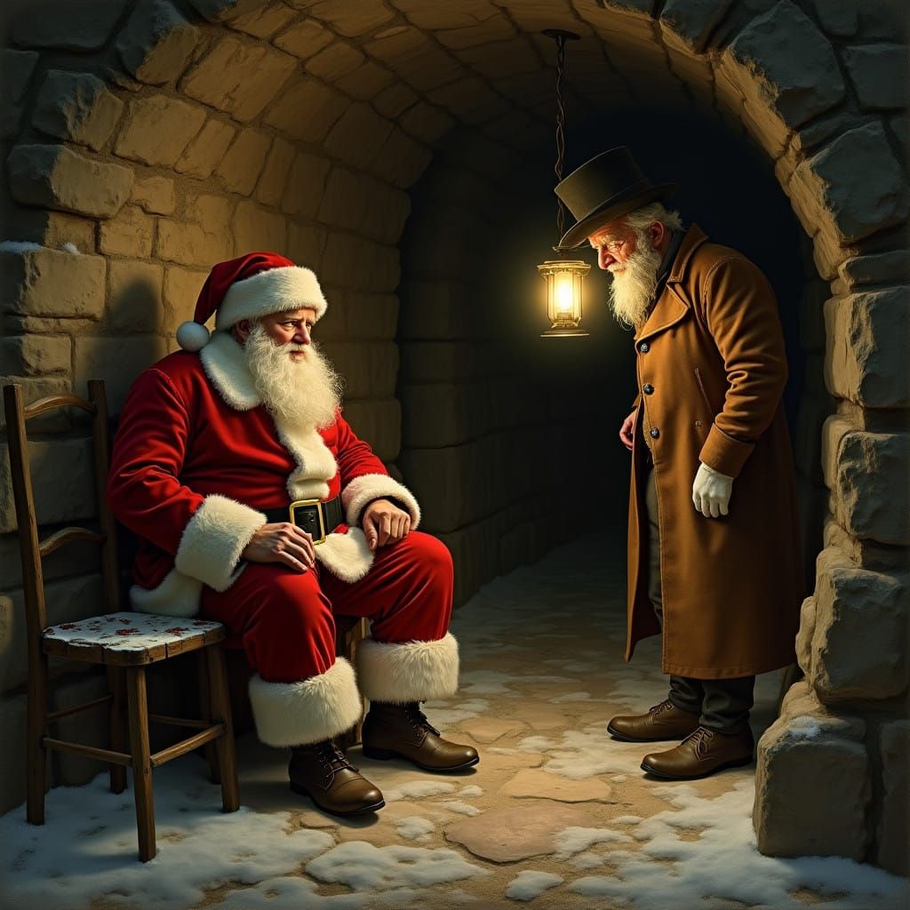 Santa in a Dramatic, Whimsical Scene With a Concerned Witnes...