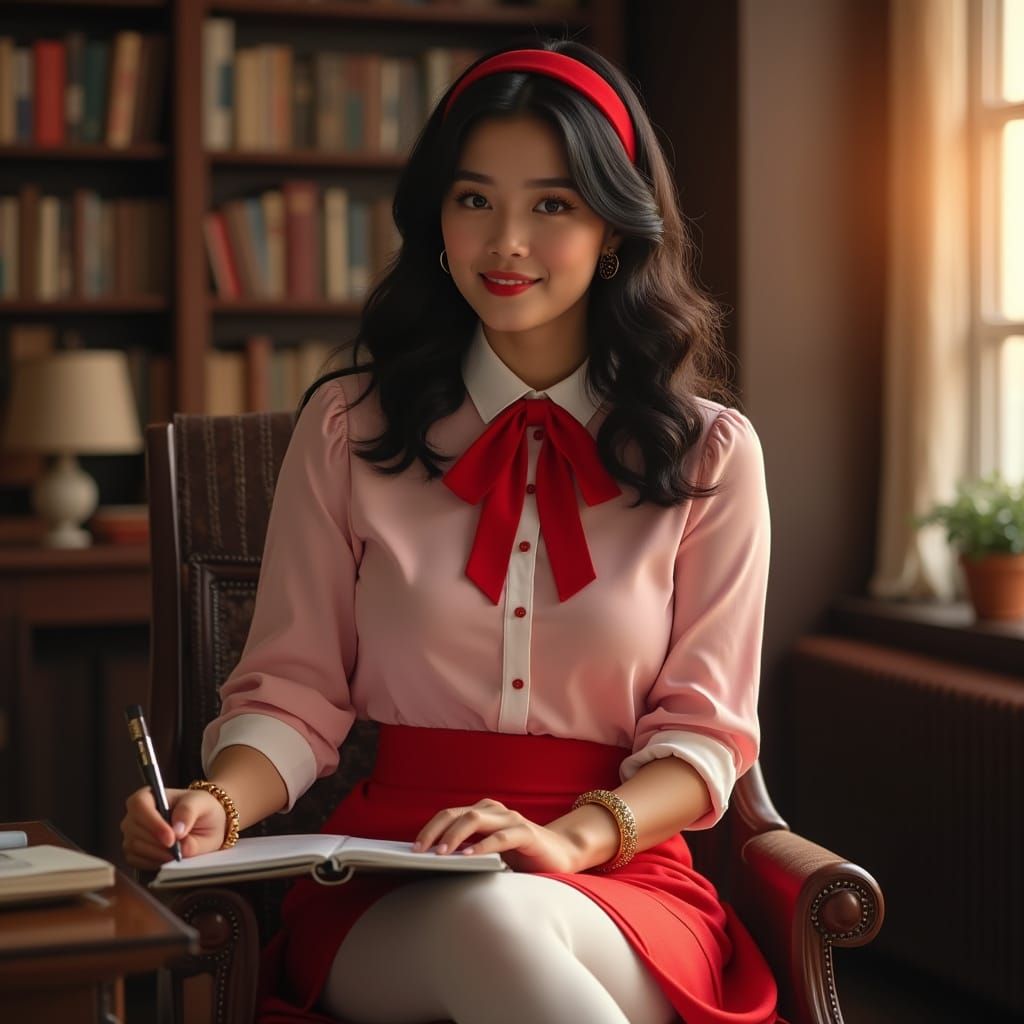 Korean Author Researches in Elegant Library at Sunset