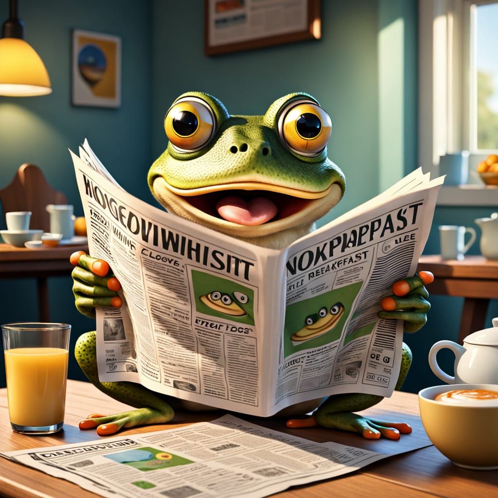 Adorable surprised frog with big googly eyes reading the new...