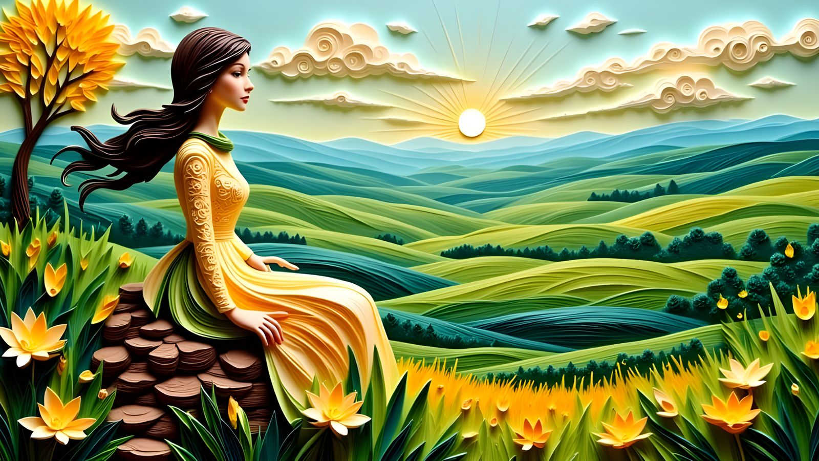 Whimsical Paper Art of a Serene Woman in Spring